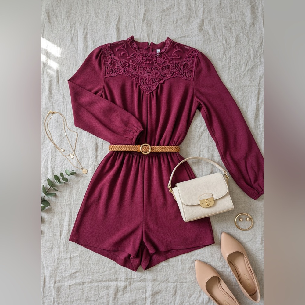 Xhilaration Burgundy Lace Long Sleeve Romper Size Medium